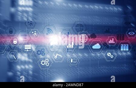 Industry technology concept. Mixed Media virtual screen. Manufacturing wireless computing future technology server room. Stock Photo