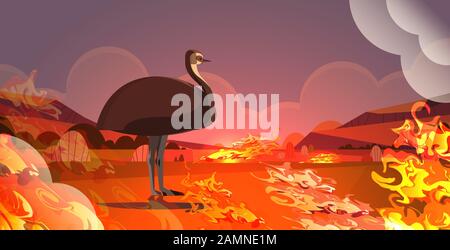 emu or ostrich escaping from fires in australia animal dying in wildfire bushfire natural disaster concept intense orange flames horizontal vector illustration Stock Vector