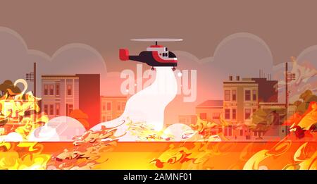 helicopter extinguishes dangerous fire aerial firefighting natural disaster concept intense orange flames city street cityscape background horizontal vector illustration Stock Vector