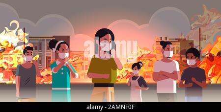 people wearing protective masks dangerous wildfire on city street with burning busidings fire development global warming natural disaster concept intense orange flames cityscape horizontal vector illustration Stock Vector