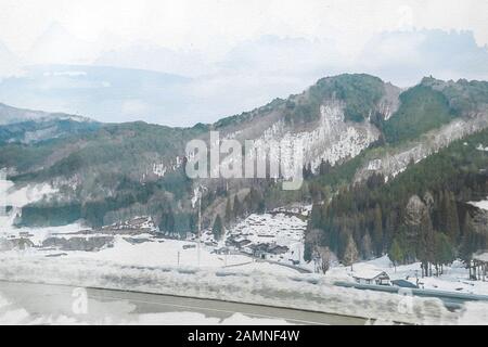 Villages of Shirakawago and Gokayama are one of Japan's UNESCO World Heritage Sites. Farm house in the village and mountain behind. Stock Photo