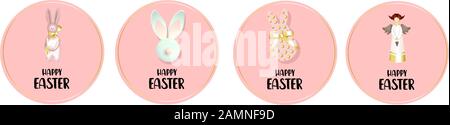 Easter round badges. Stickers, logo. Happy easter Bunny rabbit, angel and golden ribbons. Pink background. Tags for gifts.. Stock Vector
