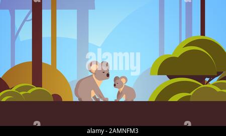 koalas mother with young joey walking in forest australian wild animal wildlife fauna concept landscape background horizontal vector illustration Stock Vector