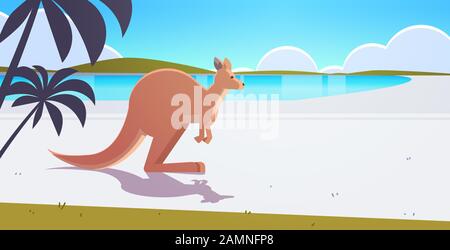 kangaroo jumping on pristine australian beach wild animal wildlife fauna concept tropical island seascape background horizontal vector illustration Stock Vector