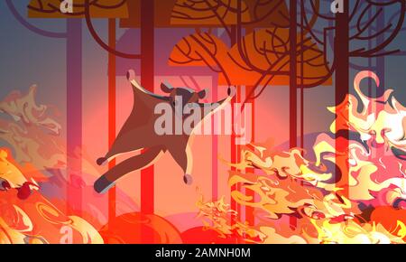 sugar glider escaping from fires in australia animals dying in wildfire bushfire natural disaster concept intense orange flames horizontal vector illustration Stock Vector