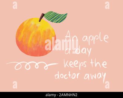 Apple a day keeps doctor away quote. Hand drawn illustration. Painted fruits. Healthy nutrition lettering. Organic food. Health aphorism. Poster Stock Photo