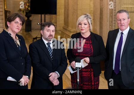 Northern Ireland First Minister Arlene Foster (left) Deputy First Minister Michelle O???Neill, Health Minister Robin Swann (centre left) and Finance Minister Conor Murphy at a press conference to announce that nurses in Northern Ireland will receive a pay rise in a "breakthrough" bid to end strike action which has paralysed the health service in Northern Ireland. Stock Photo