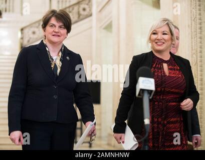 Northern Ireland First Minister Arlene Foster (left) and Deputy First Minister Michelle O???Neill as they make their way to a press conference, to announce that nurses in Northern Ireland will receive a pay rise in a "breakthrough" bid to end strike action which has paralysed the health service in Northern Ireland. Stock Photo