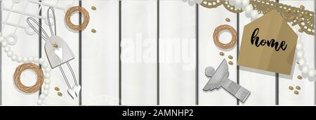 Easter background. Happy Easter. Wooden rabbit, pearl beads, wreath, angel. eco style. gray and beige natural colors and materials. Design with Stock Vector