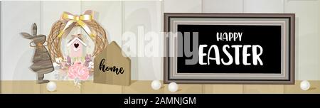 Easter background with text Happy Easter. Wooden rabbit, pearl beads, wreath with spring flowers. eco style. gray and beige natural colors and Stock Vector