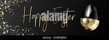 Happy easter lettering background with realistic golden glitter decorated eggs, confetti, chic easter. Vector illustration for greeting card Stock Vector