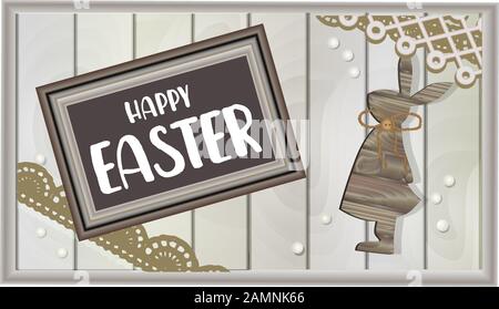 Easter background with text Happy Easter. Wooden rabbit. chalk board. eco style. gray and beige natural colors and materials. Design with realistic Stock Vector