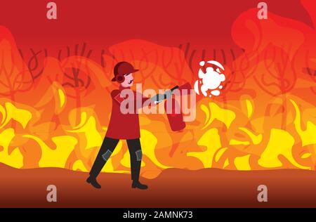 firefighter extinguishing dangerous wildfire bushfire in australia fireman using extinguisher firefighting natural disaster concept intense orange flames horizontal full length vector illustration Stock Vector