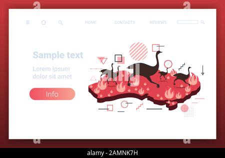 map of Australia with ostriches running from bushfire endangered animals dying in wildfire natural disaster concept intense orange flames copy space horizontal vector illustration Stock Vector