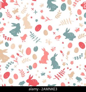 Cute hand drawn easter seamless pattern, colorful spring background with bunnies, easter eggs, flowers, butterflies - great for textiles, banners, wal Stock Photo