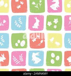 Cute hand drawn easter seamless pattern, colorful spring background with bunnies, easter eggs, flowers, butterflies - great for textiles, banners, wal Stock Photo