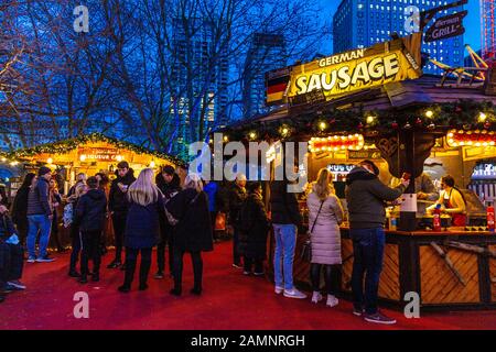 German sausage stall at Southbank Centre Winter Market, London, UK Stock Photo