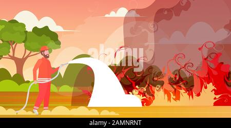 firefighter extinguishing dangerous wildfire in australia fireman spraying water from hose fighting bushfire firefighting natural disaster concept intense orange flames horizontal vector illustration Stock Vector