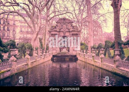 Medici fountain in the Jardin du Luxembourg (Luxembourg gardens) in winter in Paris, France Stock Photo