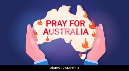 hands holding Australia map forest fires wildfire bushfire natural disaster pray for Australia concept horizontal vector illustration Stock Vector