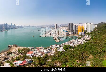 Aerial view of the waterfront Yau Tong residential district by the Victoria harbor famous for its fisherman harbor and seafood restaurants Stock Photo