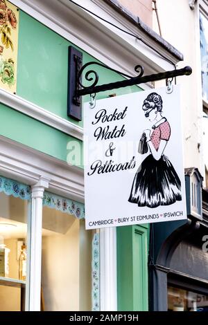 Sign for Pocket Watch & Petticoats shop in Cambridge, UK Stock Photo