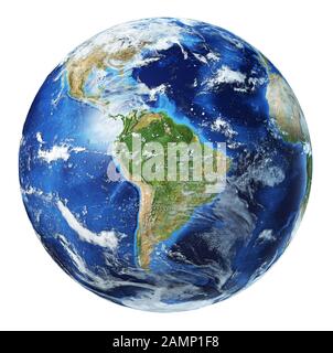Earth globe 3d illustration. South America view. Very detailed and photo realistic. With clouds on white background. (Original maps provided by NASA.) Stock Photo