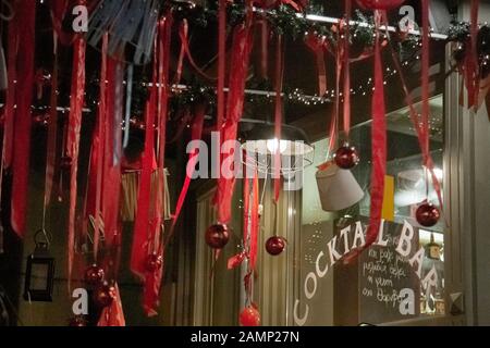 Beautiful decorated streets and local shops in Vytina village in Arcadia, Greece Stock Photo