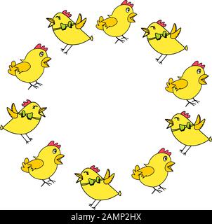 Round frame with easter chicks in cartoon style isolated on white background. Vector wreath with doodle yellow chicks with space for text. Festive rou Stock Vector