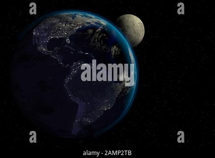 Planet earth with sunrise in space, city lights and moon. North and South Americas view. (Original maps provided by NASA.) Stock Photo