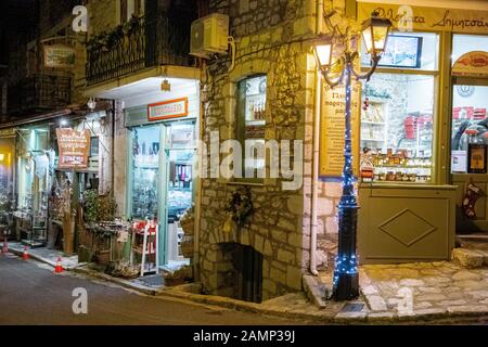 Beautiful decorated streets and local shops in Vytina village in Arcadia, Greece Stock Photo