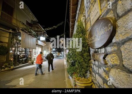 Beautiful decorated streets and local shops in Vytina village in Arcadia, Greece Stock Photo