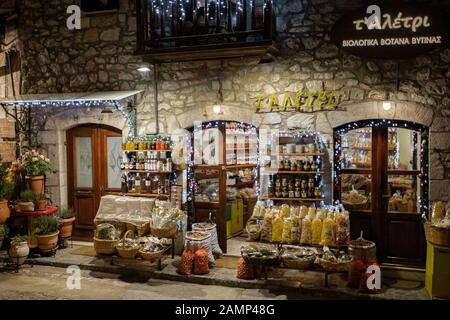 Beautiful decorated streets and local shops in Vytina village in Arcadia, Greece Stock Photo