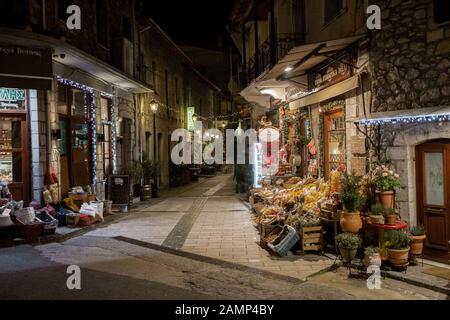 Beautiful decorated streets and local shops in Vytina village in Arcadia, Greece Stock Photo