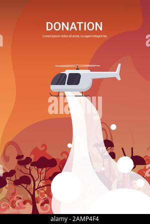 helicopter extinguishes dangerous wildfire in australia fighting bushfire dry woods burning trees firefighting natural disaster donation concept intense orange flames vertical vector illustration Stock Vector