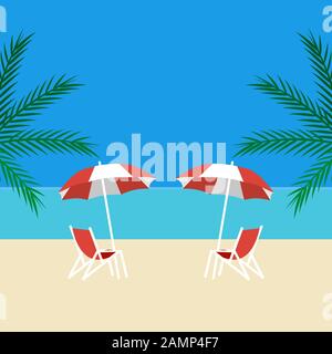 Deck chair and umbrella on the background of the sea and white sand on the beach. Vacation Travel Stock Vector