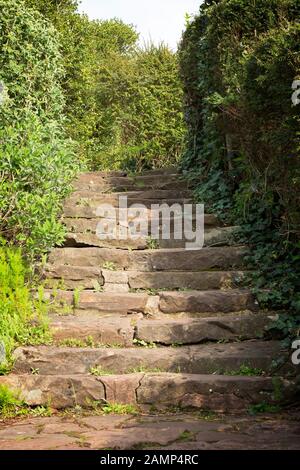 Steps leading to Cabot Tower a grade II listed building built in the 1890s, situated in a public park on Brandon Hill, between the city centre, Clifto Stock Photo