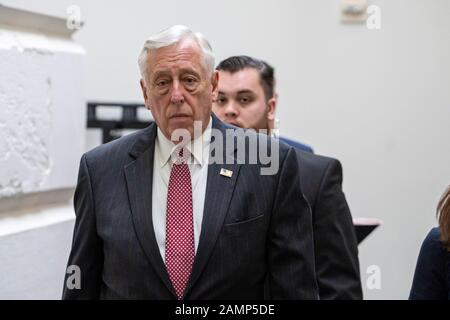 Washington, United States. 14th Jan, 2020. United States House Majority Leader Steny Hoyer (D-MD) departs from a closed door Democratic caucus meeting in the US Capitol in Washington, DC on Tuesday, January 14, 2020. It was announced during the meeting that House Democrats plan to vote Wednesday to send two articles of impeachment against President Donald Trump to the Senate and to appoint managers for his trial. Photo by Ken Cedeno/UPI. Credit: UPI/Alamy Live News Stock Photo