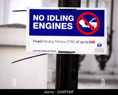 Sign for No Idling Engines tied to a post
