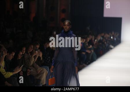 Berlin, Germany. 14th Jan, 2020. Models on the catwalk at the MBFW in the Kraftwerk Berlin present the autumn/winter 2020/21 collections by the designer Designer Danny Reinke. (Photo by Simone Kuhlmey/Pacific Press) Credit: Pacific Press Agency/Alamy Live News Stock Photo