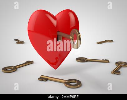 Hearts with keys. 3d render Stock Photo