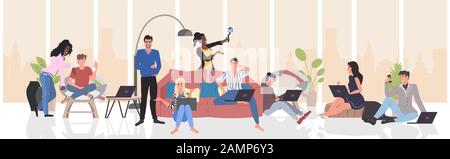 people using digital gadgets taking selfie photo on smartphone camera mix race men women streaming live communication blogging concept modern living room interior horizontal full length vector illustration Stock Vector