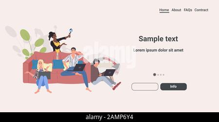 people using digital gadgets taking selfie photo on smartphone camera mix race men women streaming live communication blogging concept horizontal full length copy space vector illustration Stock Vector