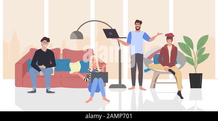 people discussing during meeting mix race men women using laptops spending time together communication blogging concept modern living room interior horizontal full length vector illustration Stock Vector