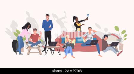 people using digital gadgets taking selfie photo on smartphone camera mix race men women streaming live communication blogging concept horizontal full length vector illustration Stock Vector