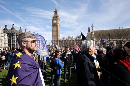 A man dressed in the EU flag takes part in an anti-Brexit rally in London Stock Photo