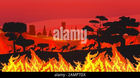 silhouettes of kangaroos running from forest fires in australia animals dying in wildfire bushfire burning trees natural disaster concept intense orange flames horizontal vector illustration Stock Vector