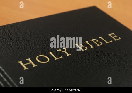 Close-up shot of the front cover of a holy bible Stock Photo