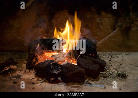 A traditional peat turf fire. Stock Photo