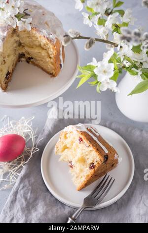 Easter orthodox cake and colorful red egg, spring flowers. Close up. Holidays traditional breakfast. Stock Photo